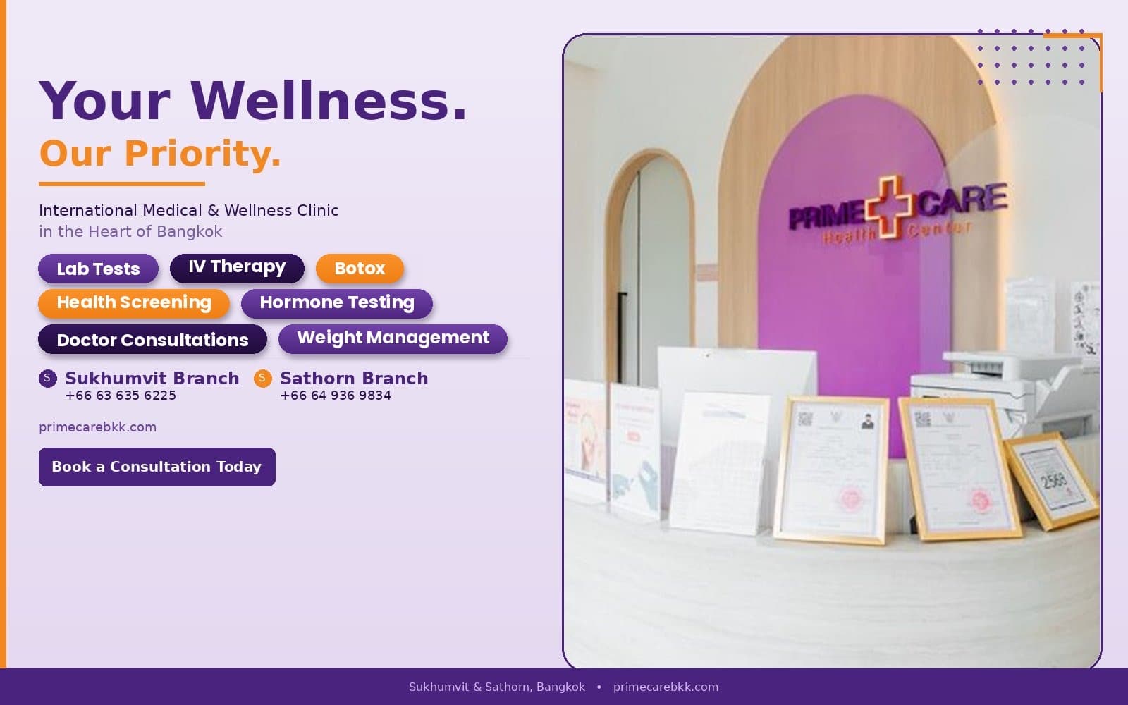 PrimeCare Clinic, an international medical and wellness clinic in Bangkok with branches in Sukhumvit and Sathorn